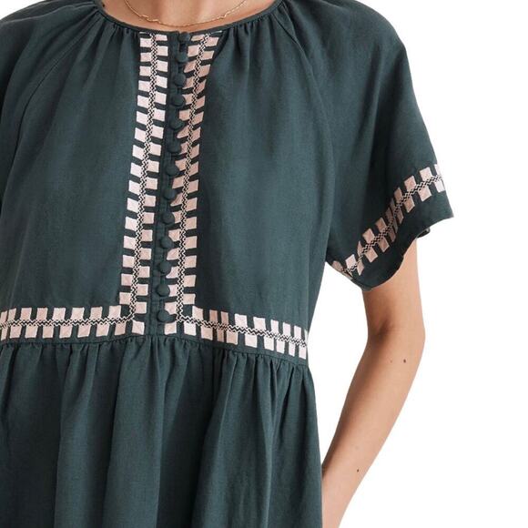 Madewell Embroidered Linen oFlutter Sleeve Mini Dress Size S Evergreen Forest - Picture 2 of 12